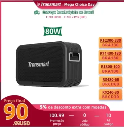 [Do Brasil] Caixa De Som Tronsmart Force Max 80w, Com Tws, Bluetooth 5.0, Ipx6  Prova D'gua, Powerbank Integrado